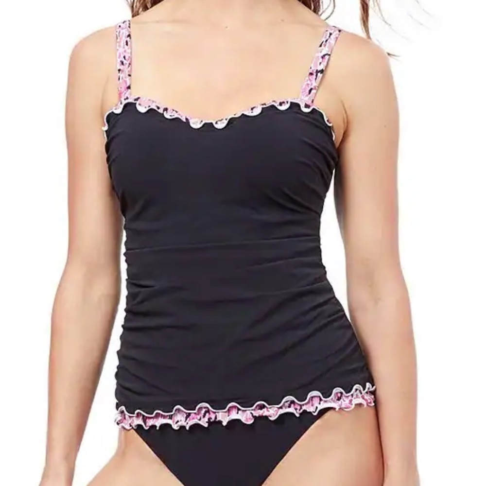 NWT Profile by Gottex Pretty Wild D Cup Ruffle Tankini Top Black